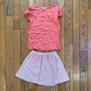 White and coral Matching Set with Textured Top and Polka Dot Skirt